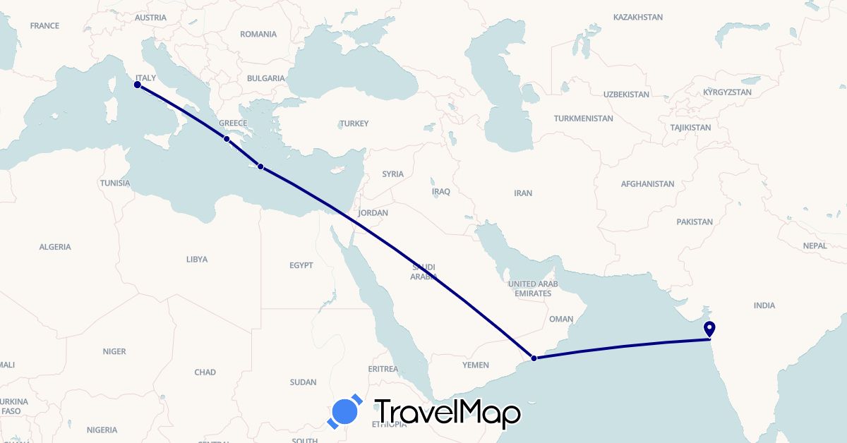 TravelMap itinerary: driving in Greece, India, Italy, Oman (Asia, Europe)